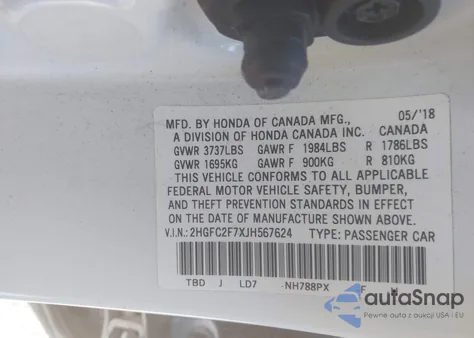 2018 Honda Civic Ex from USA, damaged, VIN 2HGFC2F7XJH567624